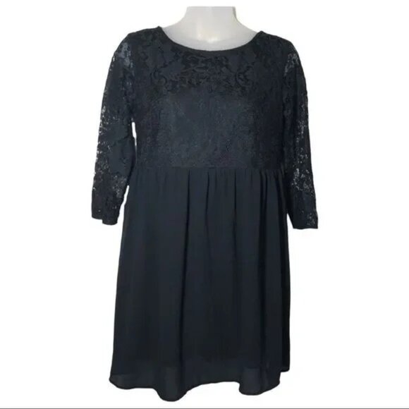 FOREVER‎ 21 WOMEN'S BLACK LINED LACE V-BACK 3/4 SLEEVE DRESS SIZE SMALL-EUC - Picture 1 of 10